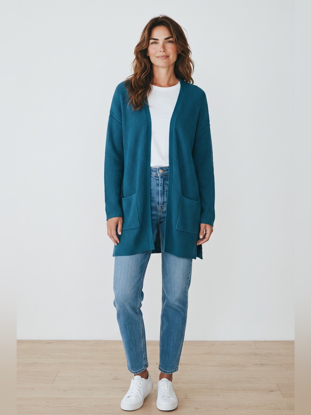 Alicia Adams Alpaca Long Line Open Front Cardigan // Teal // Large